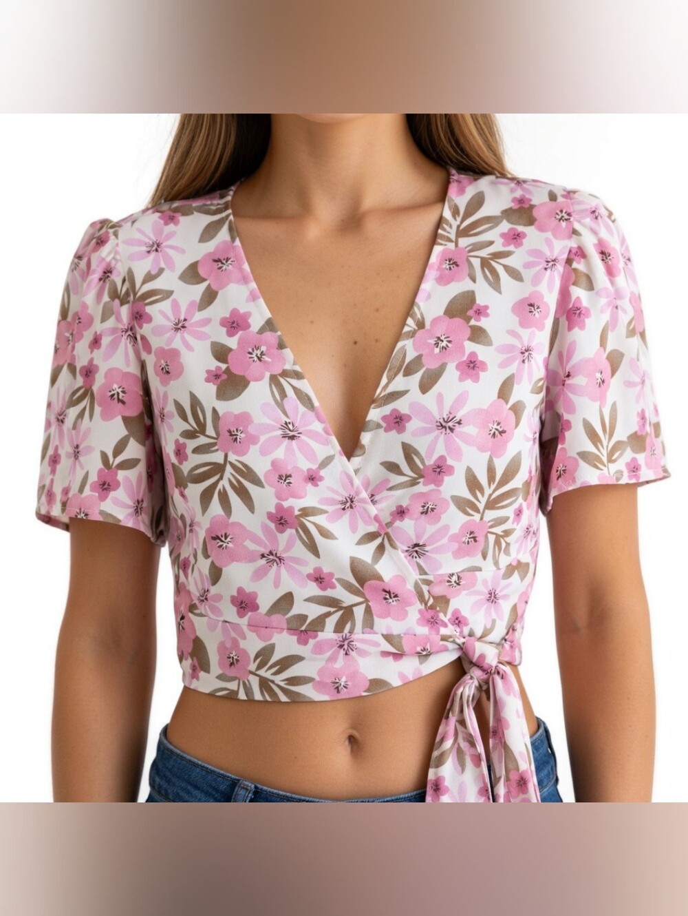 Forever 21 Pink Floral Print Wrap Cropped Top Size L